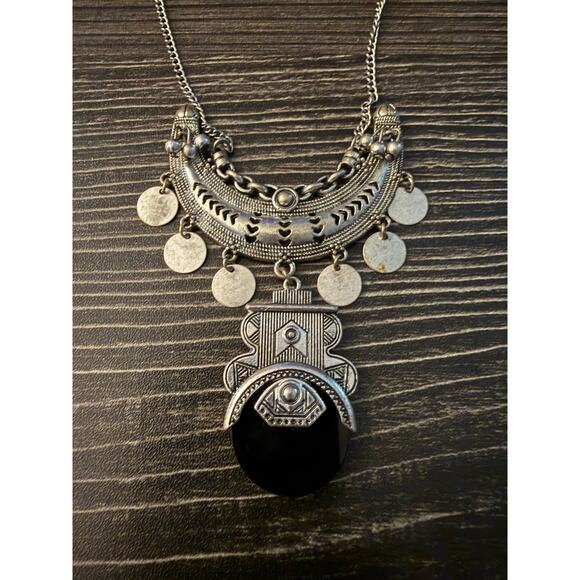 Silver-Tone Ethnic Tribal Style Necklace with a Black Stone Pendant - Picture 1 of 5